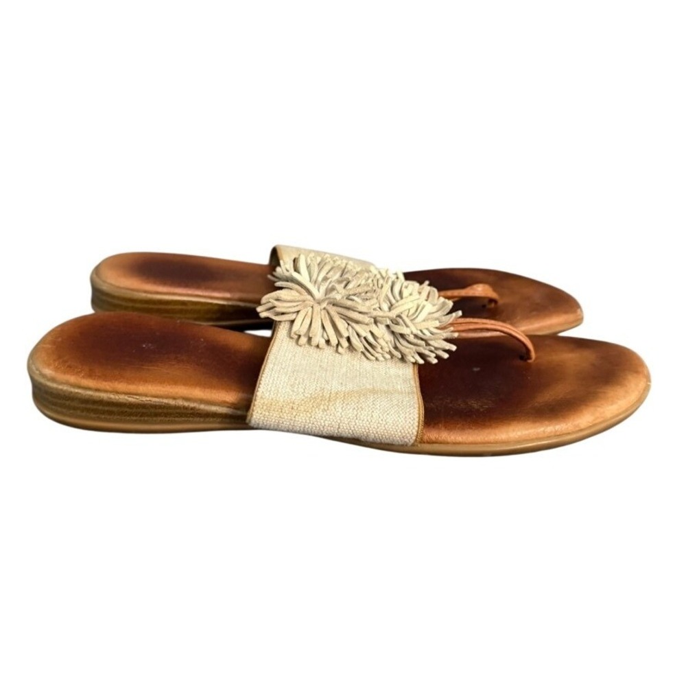 Andre Assous Womens Tan Leather Linen Fringe Thong Sandals Size 8 Made in Spain